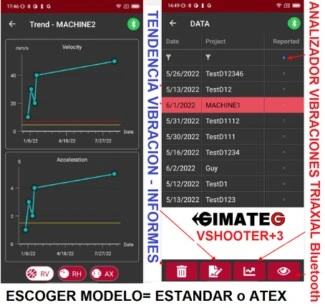 datos y tendencia vibracion VShooter+ gimateg