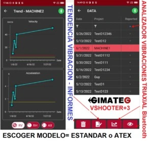 datos y tendencia vibracion VShooter+ gimateg
