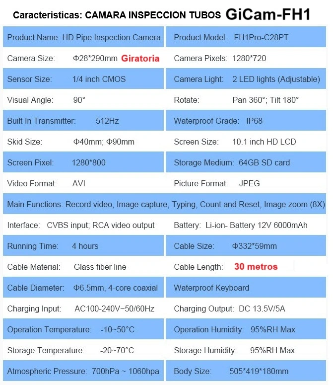 caracteristicas camara inspeccion tubos GiCam-FH1pro 30metros GimateG