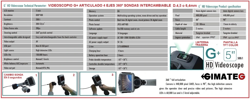 datos tecnicos videoscopio articulado 4 ejes sonda desmontable Gimateg